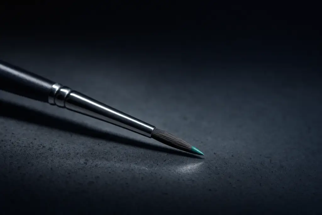 A fine artist's brush resting on a dark surface under a single light, the cover for the course AI Graphics for Non-Designers