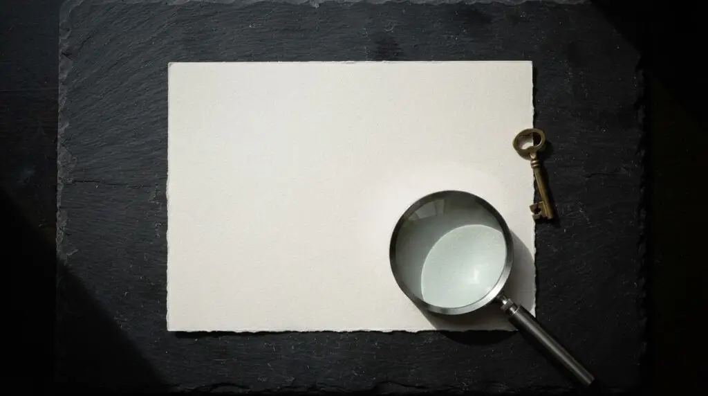 A blank sheet of paper with a magnifier and a brass key on dark slate, the cover for the course Case Studies That Close