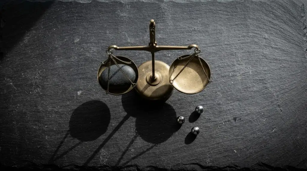 A brass balance scale weighing a black stone on dark slate, the cover for the course The Psychology of Why People Buy