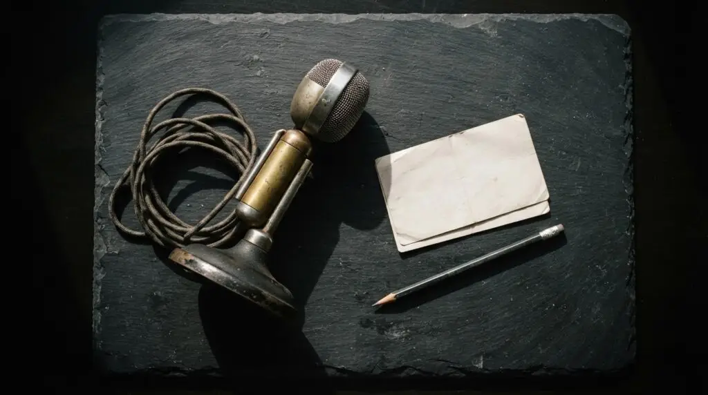 A vintage brass desk microphone, a folded card and a pencil on dark slate, the cover for the course Talking to AI Like a Person