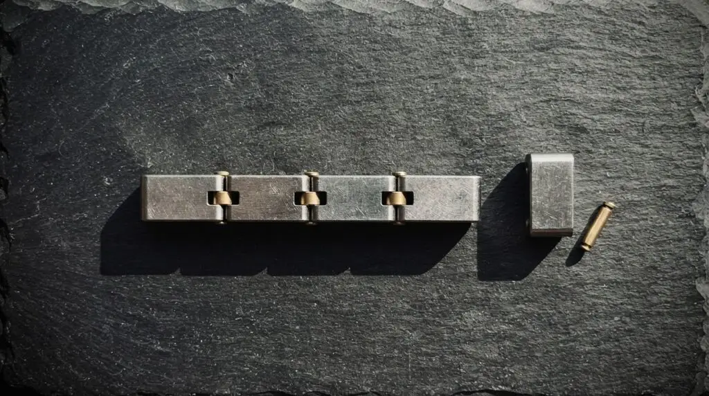 Steel connector blocks linked by brass pins on dark slate, the cover for the course The AI Ops Playbook