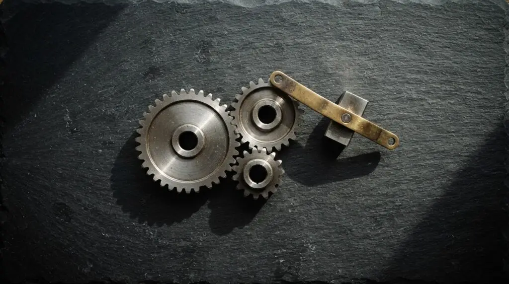 Interlocking steel gears and a brass lever on dark slate, the cover for the course The High-Leverage Automator