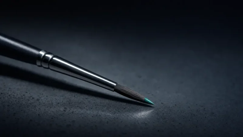 A fine artist's brush resting on a dark surface under a single light, the cover for the course AI Graphics for Non-Designers