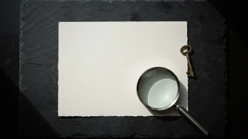 A blank sheet of paper with a magnifier and a brass key on dark slate, the cover for the course Case Studies That Close