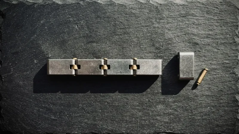 Steel connector blocks linked by brass pins on dark slate, the cover for the course The AI Ops Playbook